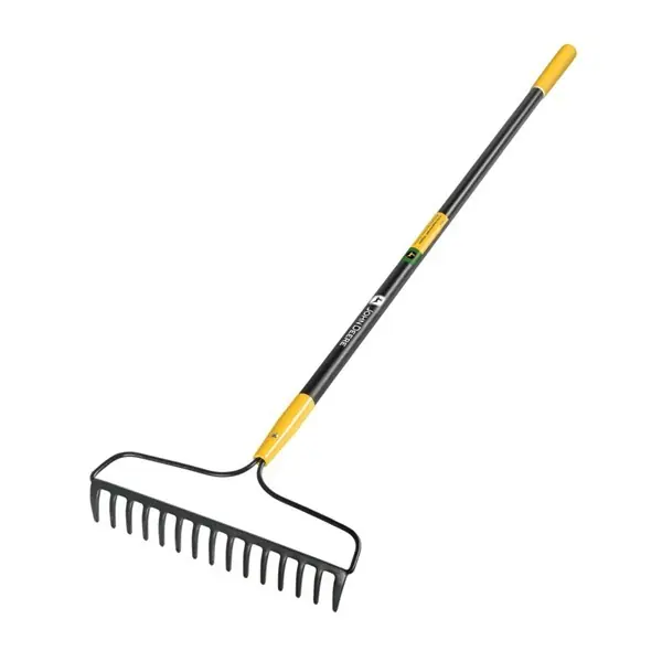 Vásárlói kedvenc JOHN DEERE R-15AM-FX-JD 15 fogú kovácsolt íves gereblye, 150 cm-es üvegszálas nyéllel, gumírozott ma