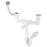 Kétmedencés csőszifon 6/4", 1 túlfolyóval, 2 leeresztőszeleppel, mosógép csatlakozóval, Ø40 mm-es elfolyással Alacsony ár