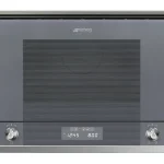 Vásárlói kedvenc SMEG BEÉPÍTHETŐ MIKROHULLÁMÚ SÜTŐ, Linea design, 22 liter, 6 funkció, LED kijelző,forgótányér nélküli, ezüst szürke üveg
