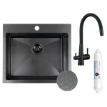 LAVEO MALAWI fekete színű, struktúrált felületű beépíthető inox mosogató szifonnal, RIVECO vízszűrős szettel, 50x58x20 cm Népszerű