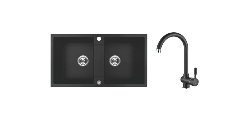 RIO 2M SZETT kétmedencés gránit fekete mosogató szifonnal, csappal, 80x44x18,6 cm Vásárlói kedvenc