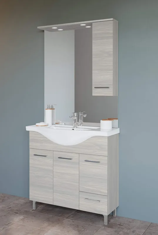Csak ma S-Due, Venere fürdőszobabútor 85 cm (3 ajtós,1 fiókos), oldalszekrényes tükör, világítás, szürke tölgy, VENERE85/RG