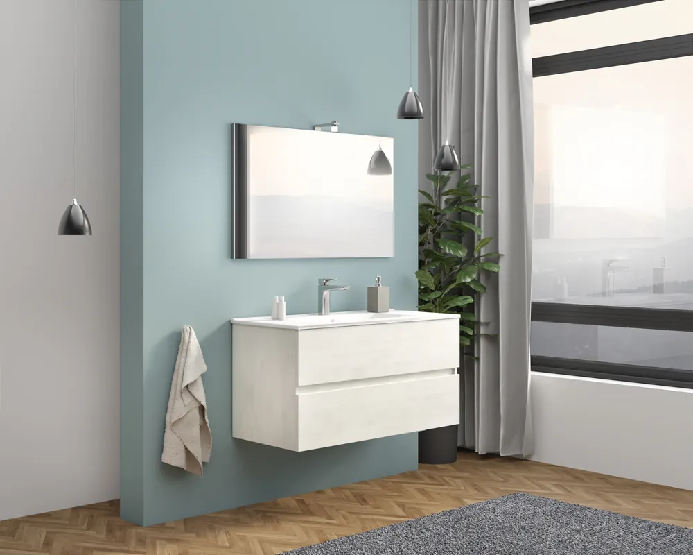 Olcsó S-Due, Easy fürdőszoba bútor 100 cm, tükör 80x60 cm,LED világítás, fehér tölgy, 101x117x46 EASY100/RB