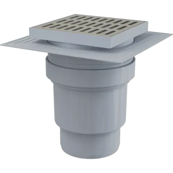 Biztonságos fizetés Alca APV13 padlóösszefolyó 150x150/110 mm függőleges, rozsdamentes rács, karima a 2.szintű szigeteléshez, vizes bűzzár