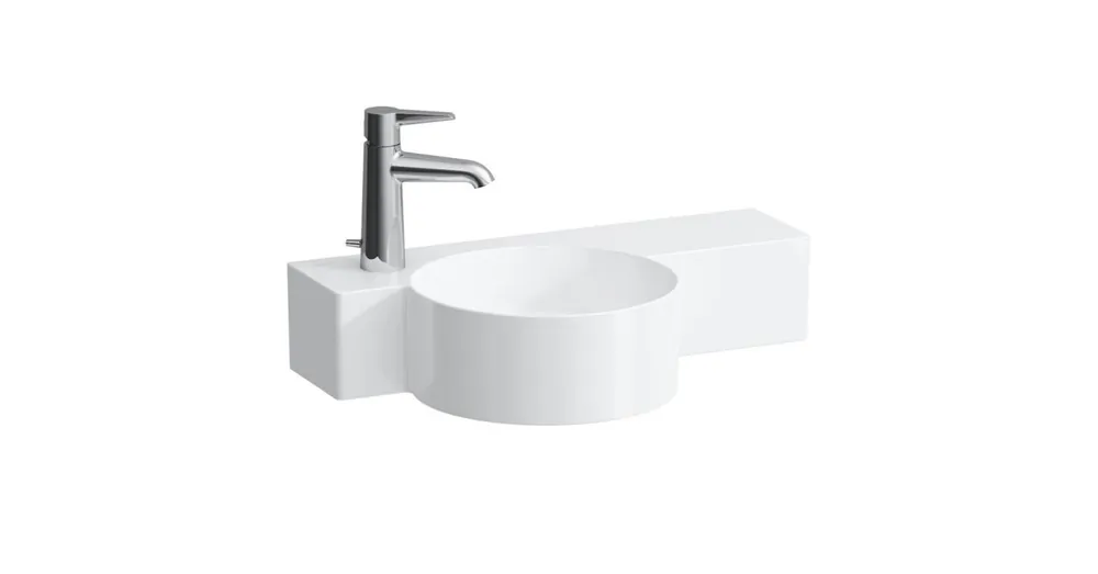 LAUFEN VAL Kézmosó, kör alakú, jobb oldali polccal, 430 mm-re vágható, túlfolyónyílás nélkül, 1 csaplyukkal bal oldalon, Matt fehér H8152837571131 Prémium