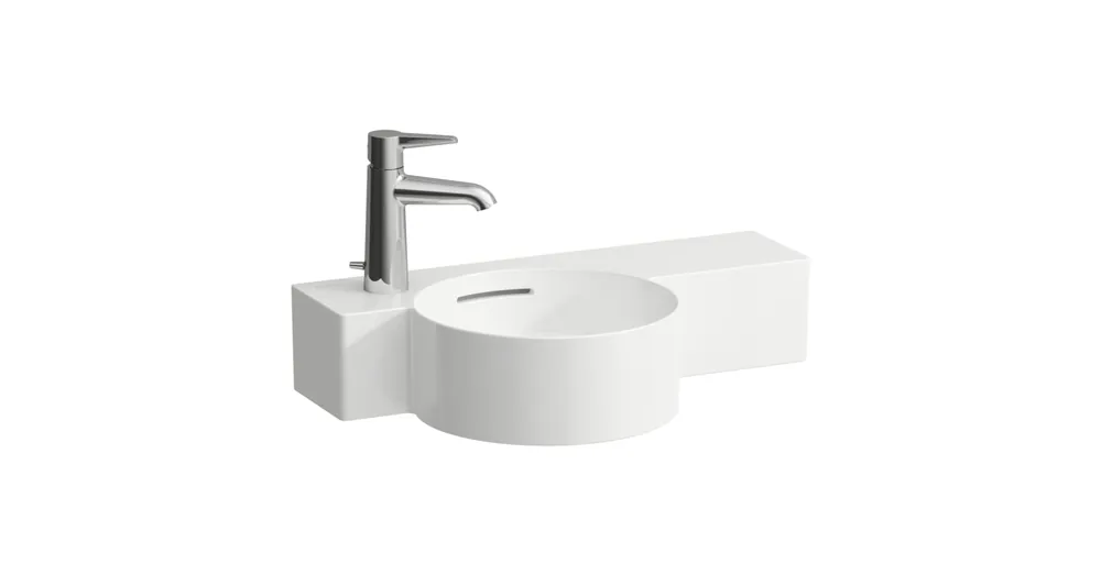 LAUFEN VAL Kézmosó, kör alakú, jobb oldali polccal, 430 mm-re vágható 1 csaplyuk a bal oldalon, egyik oldalon vágatható, Fehér LCC bevonattal H8152834008111 Újdonság