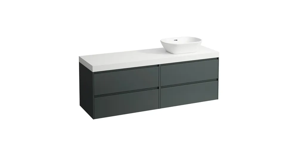 LAUFEN LANI Moduláris alsószekrény, 160 cm, 4 fiókkal, mindkét oldalon 80 cm-es 2 fiókos elemmel, mosdótartó lap 65 mm vastagsággal, kivágással jobb oldalon, matt fehér színben, Traffic Szürke H4045931122661 Szezonális akció