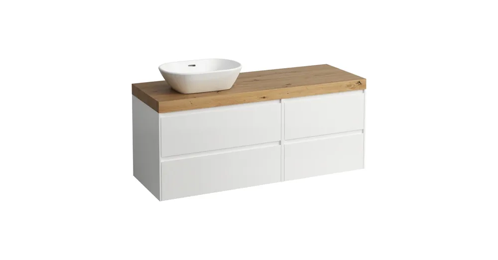 LAUFEN LANI Moduláris alsószekrény, 140 cm, 4 fiókkal, bal oldalon 80 cm-es 2 fiókos elemmel, jobb oldalon 60 cm-es 2 fiókos elemmel, mosdótartó lap 65 mm vastagsággal, kivágással bal oldalon, .267 tölgy felülettel, Matt Fehér H4065821122601 Korlátozott ajánlat