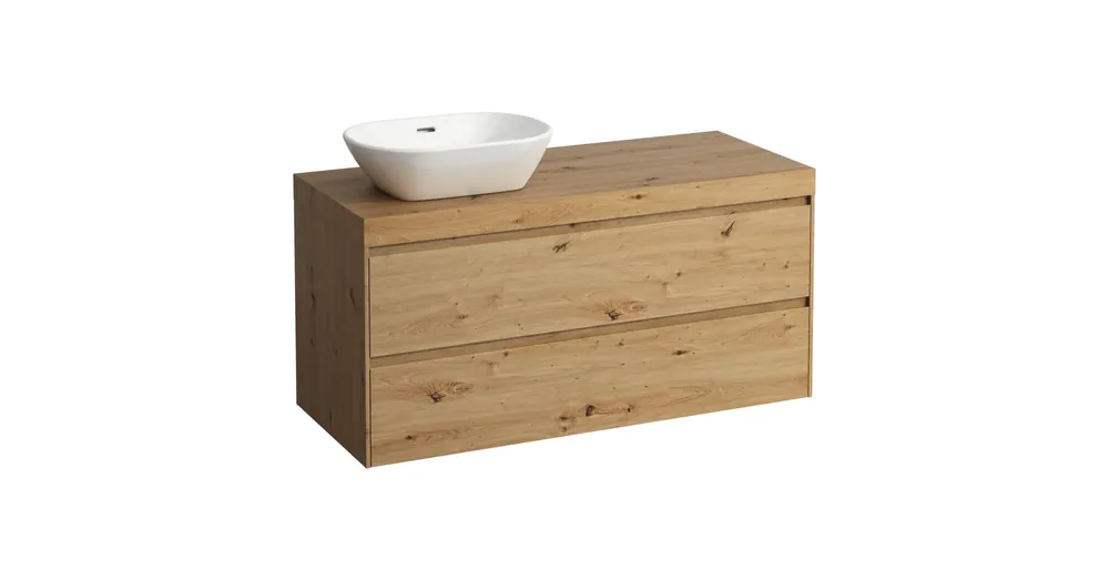 LAUFEN LANI Moduláris alsószekrény, 120 cm, 2 fiókkal, mosdótartó lap 65 mm vastagsággal, kivágással bal oldalon, .267 tölgy felülettel, Vad Tölgy H4065721122671 Kihagyhatatlan ajánlat