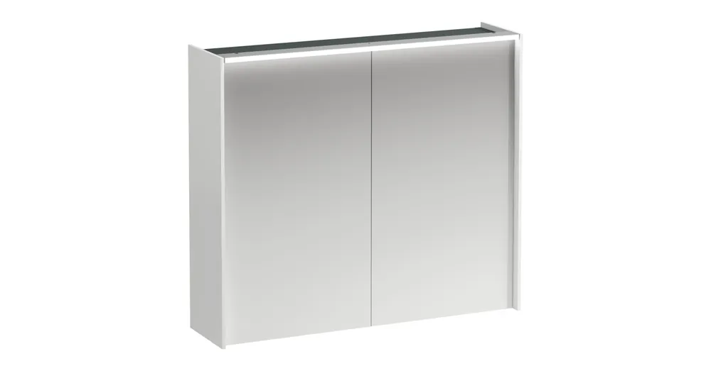 Biztonságos fizetés LAUFEN LANI Tükrös szekrény, 80 cm, 2 ajtóval, vízszintes LED világítással, 2 üveg polccal, 1 dugaljjal, Matt Fehér H4037621122601