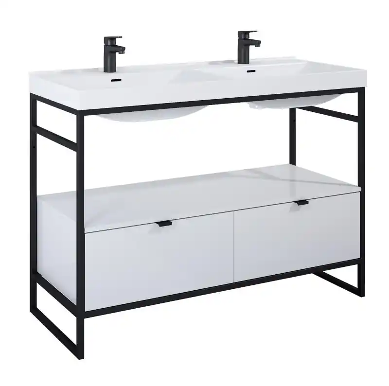 AREZZO design NEBO alsószekrény 120 cm-es, 2 fiókkal, fényes fehér, matt fekete (2 doboz) Prémium