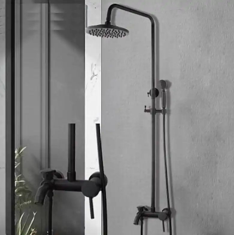 Balneum Dark fekete egykaros kádöltős zuhanyszett felső esőztetővel, kézitussal. Bamboo design. Különleges ajánlat