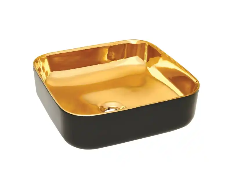Legkelendőbb Invena MALAGA mosdókagyló, négyszögletű, asztali, 39 cm, fényes, fekete-arany, PVD/Waterplating