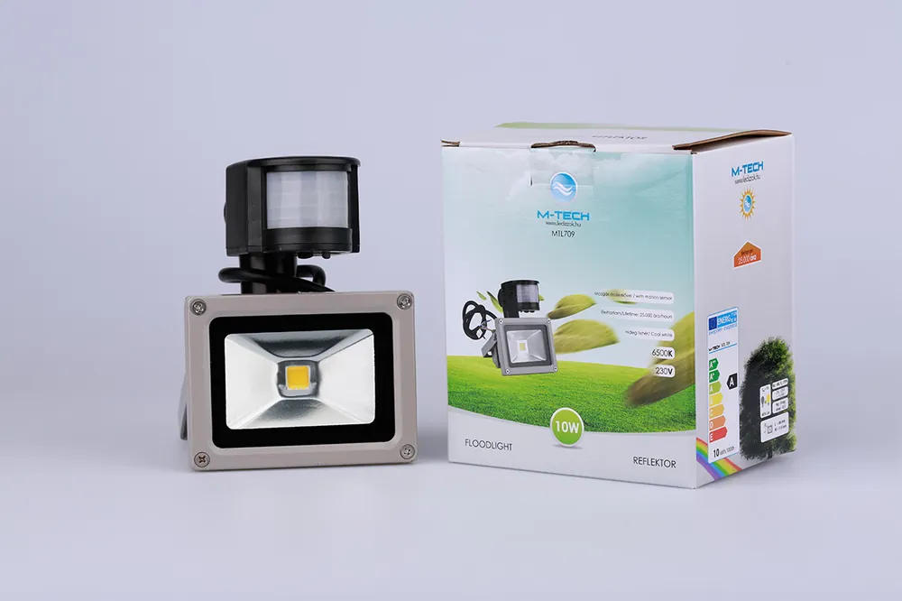 M-Tech 10W, 900lm, 230V, IP65, 6500K, hideg fehér reflektor mozgásérzékelős MTL709M-tech Rendeld meg most