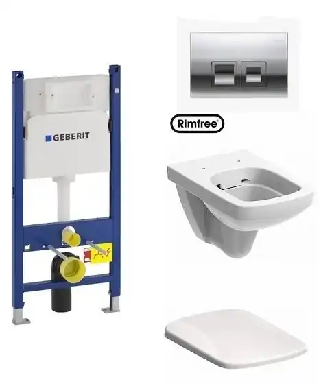 Vedd meg most Geberit Duofix Basic 111.153.00.1 szerelő elem kompletten króm nyomólappal, Selnova Square 500.275.01.1 perem nélküli wc-vel, lassú záródású ülőkévelGeberit