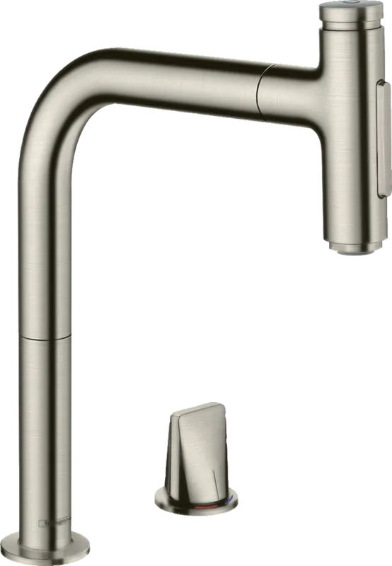 Hansgrohe Metris M71 M7120-H200 2-lyukú egykaros konyhai csaptelep kihúzható kifolyóval, rozsdamentes acél 73818800Hansgrohe Árcsökkenés