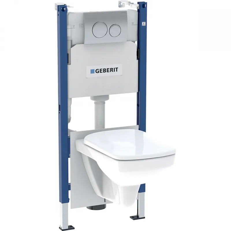 Ajánlat Geberit Duofix fali WC szerelőelem készlet, 112 cm, Delta öblítőtartállyal: Delta20 működtetőlap, Selnova Square Rimfree fali WC lecsapódásgátlós ülőkével 118.402.21.2Geberit