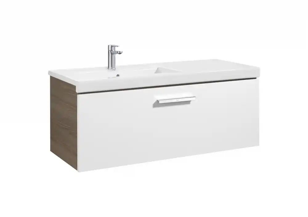 Gyors szállítás Roca Prisma 110 cm fürdőszoba bútor balos mosdóval, fényes fehér/kőris fa A855948322Roca