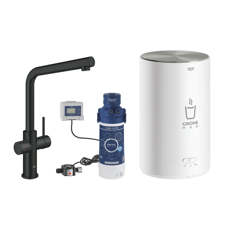 Olcsó Grohe Red Duo konyhai csaptelep és M-es méretű bojler, bársony fekete 30327KS1Grohe